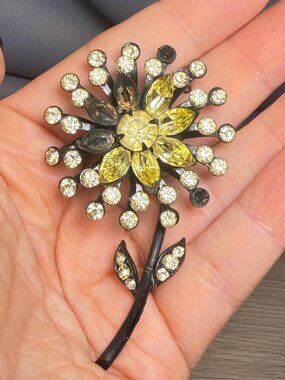 Rhinestone Flower Brooch Yellow Black Stem Floral Pin Repair 2.6"